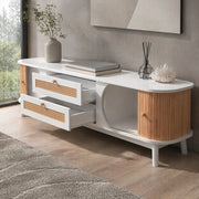 Mobile TV moderno 170 cm bianco effetto legno con ante e cassetti in rattan