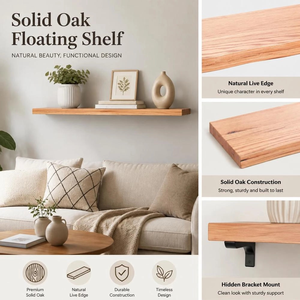 Wall Shelf, Light Brown, 80x30x(2-4) Cm, Solid Oak, Treated