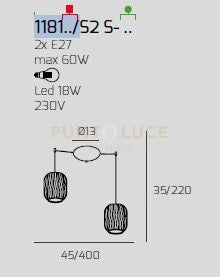 SOSPENSIONE OTTONE SAT. 2 LUCI SPOSTABILE VETRI TR + AM 1181OS-S2 S-TA