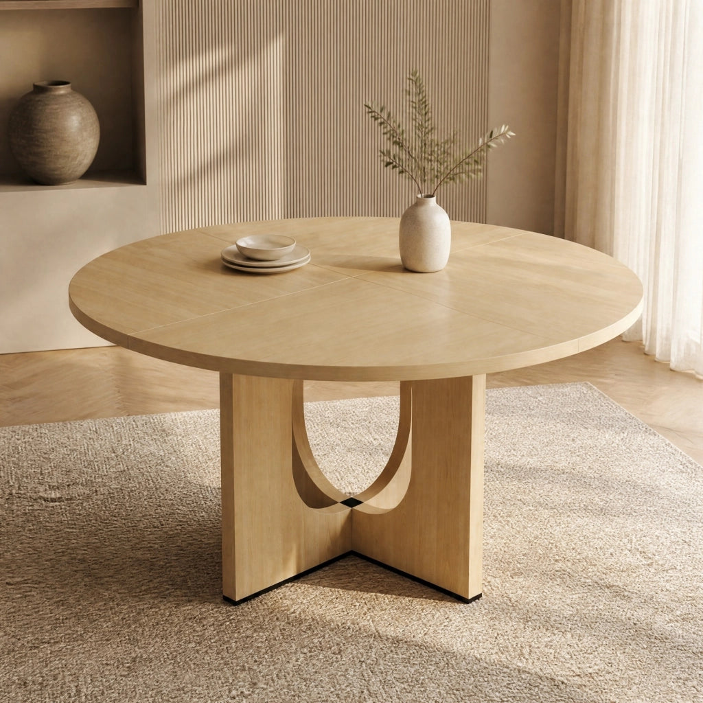 Tavolo da pranzo rotondo 120 cm in MDF effetto rovere; stile nordico; per 4-6 persone