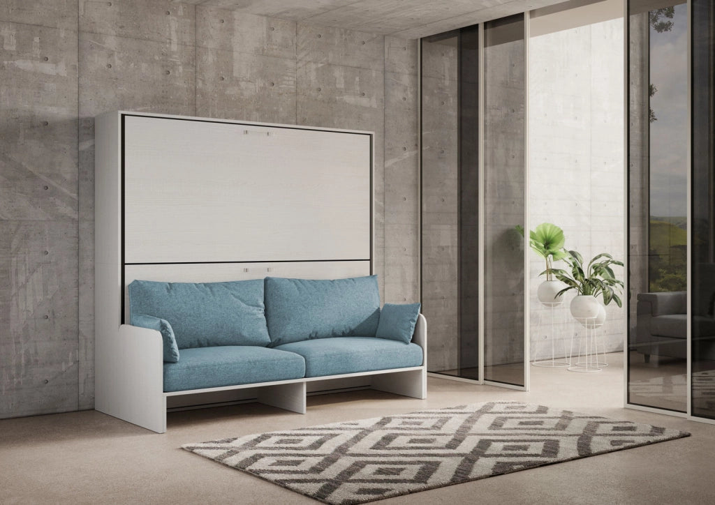 Letto doppio a scomparsa Kando con divano bianco frassino, azzurro