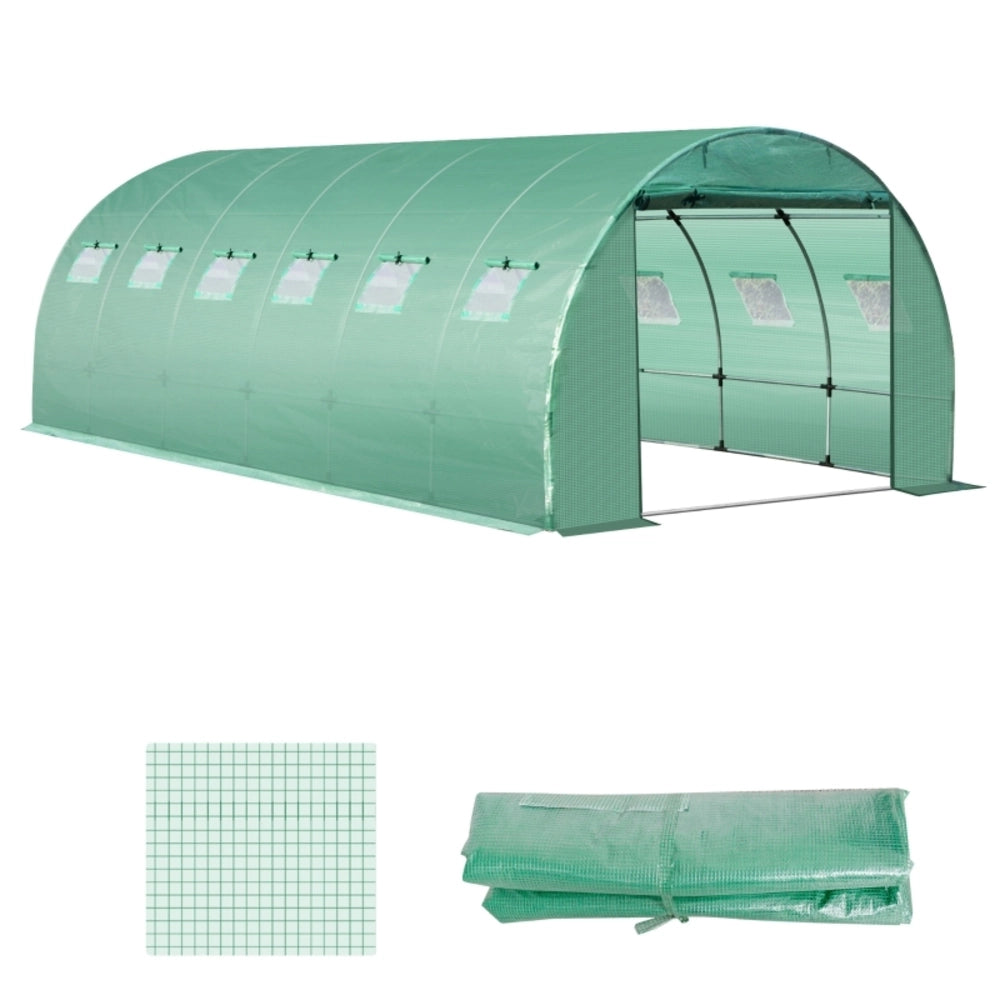 Telo per serra in plastica verde 600 x 300 x 200 cm con finestre arrotolabili e porta con zip