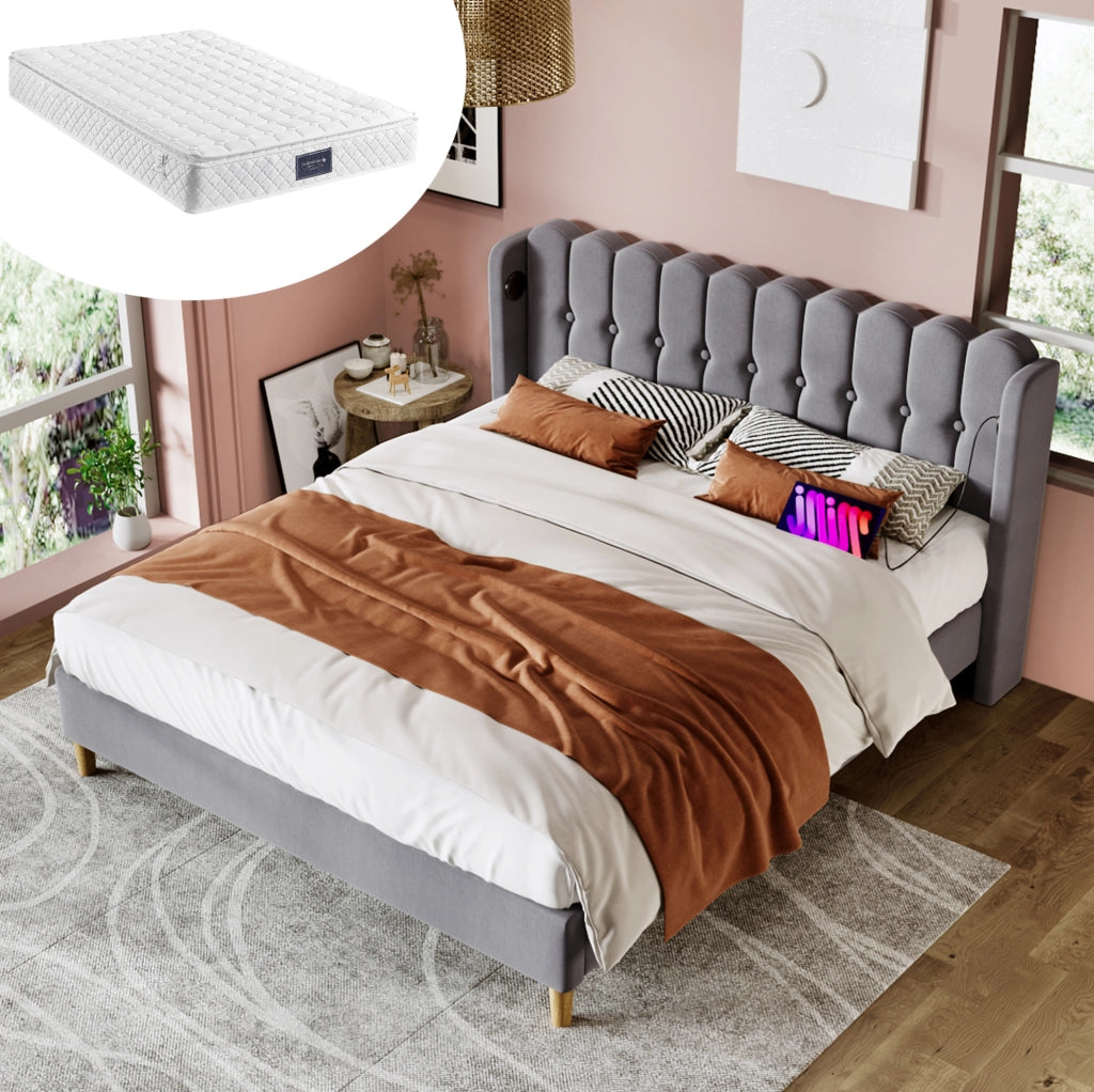 Letto matrimoniale imbottito 160x200 cm in lino grigio con USB e presa Type-C; con materasso