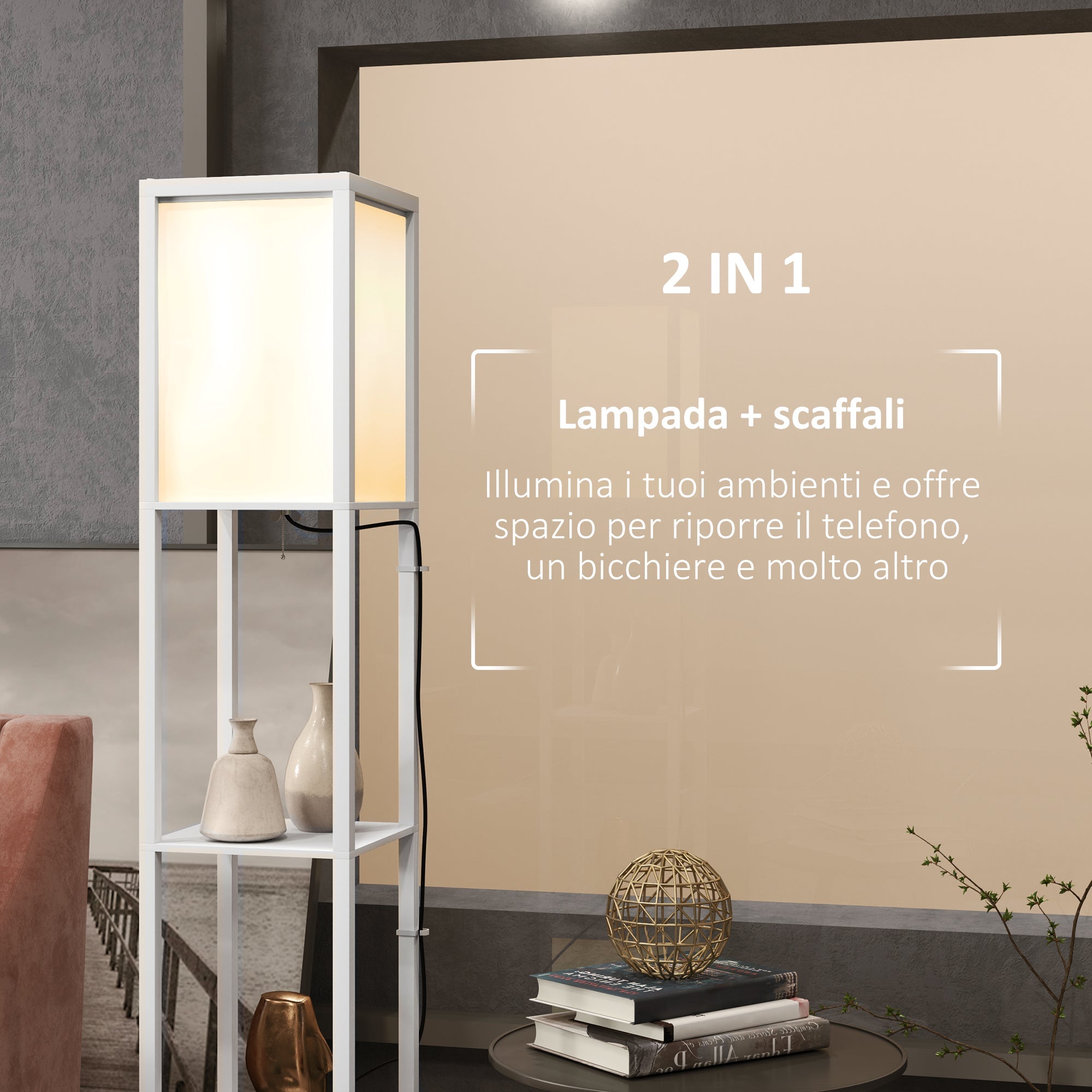 Lampada da Terra con 2 Paralumi E27 40W e 2 Ripiani  26x26x156 cm Bianco