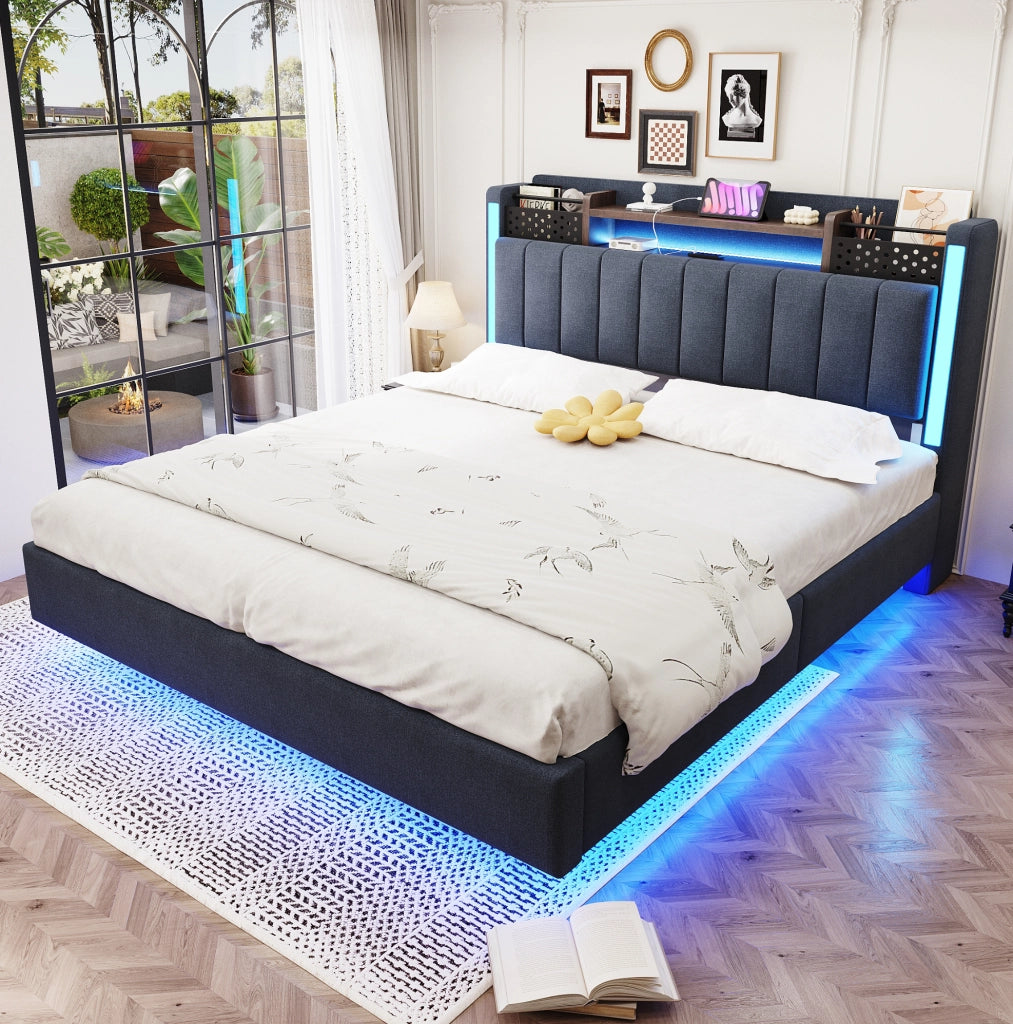 Letto matrimoniale imbottito 140x200 cm con LED e USB, grigio