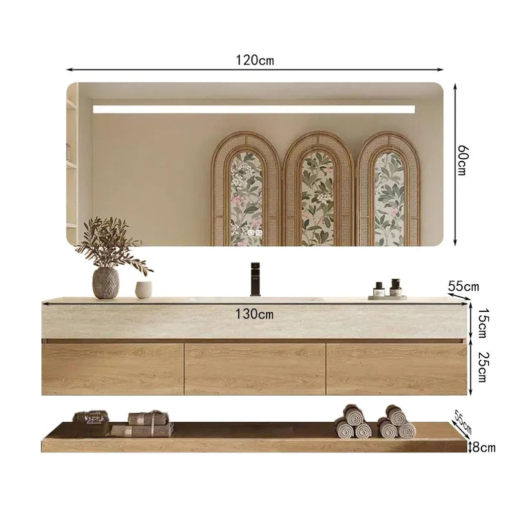 Set mobile bagno sospeso effetto travertino con lavabo in pietra sinterizzata e specchio foro per rubinetto 130×55 cm