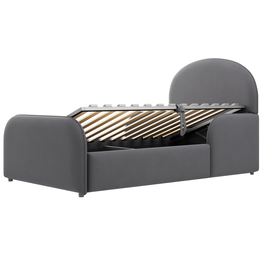 Letto imbottito 90x200 cm con contenitore idraulico; testiera alta in velluto grigio