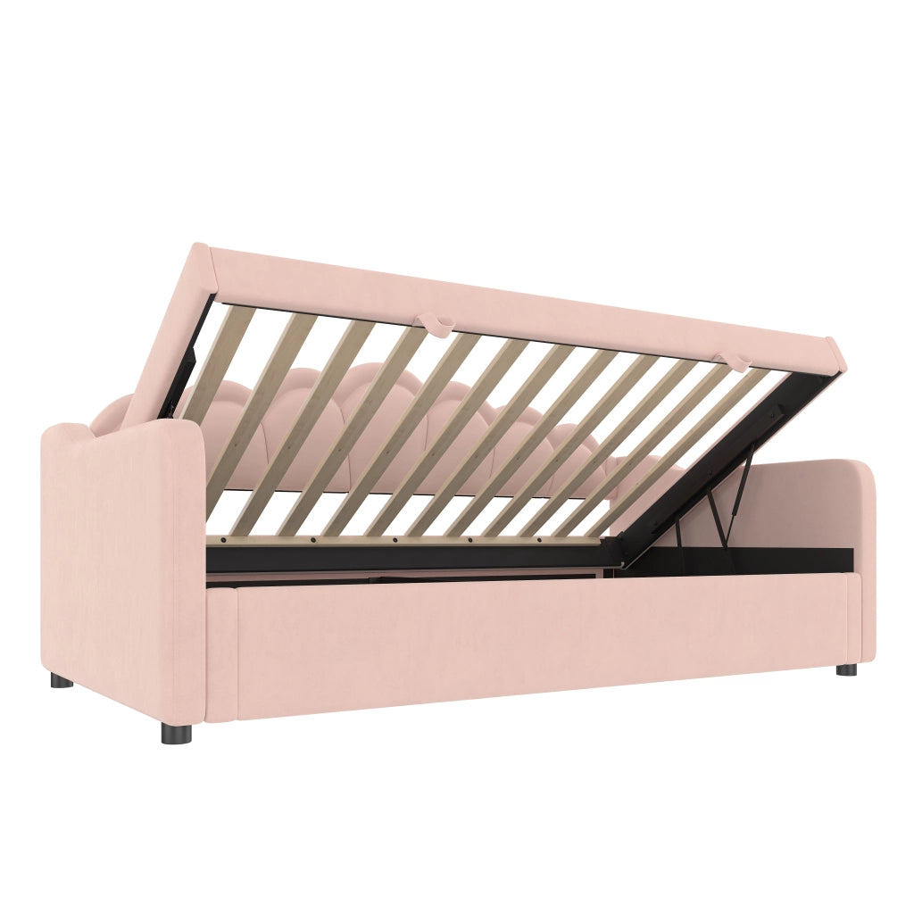 Letto Singolo Contenitore Imbottito con LED ¨C MINIMAL ¨C Velluto Rosa 90x200 Idraulico