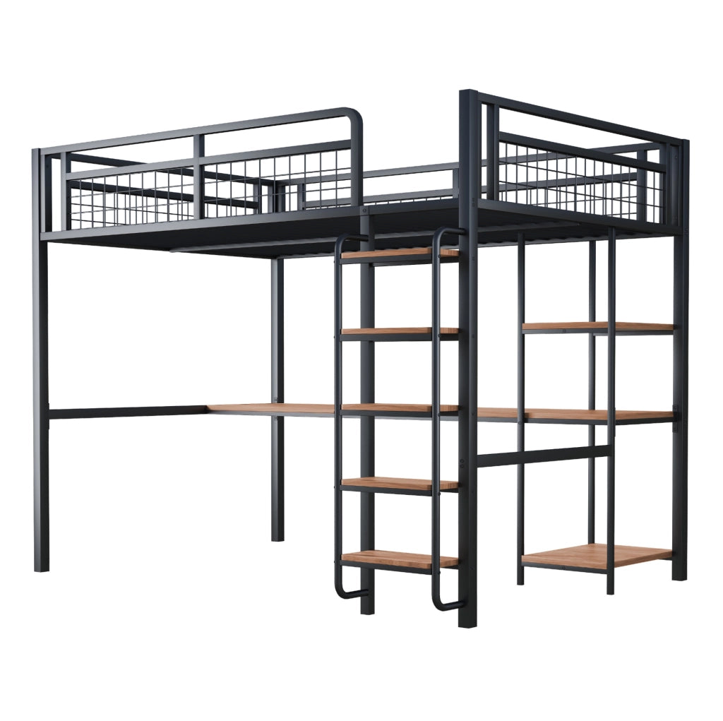 Letto a soppalco in metallo 140x200 cm nero con scala di sicurezza; tavolo e ripiani
