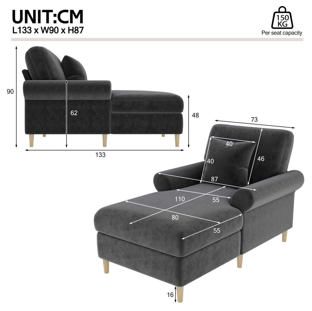 Poltrona relax imbottita 1 posto 133x87x90 cm in velluto con cuscino; grigio