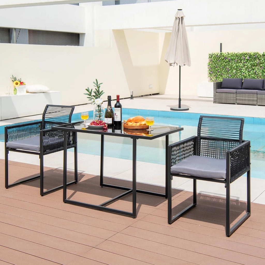 Set di mobili da 3 pezzi, set da tavolo e 2 sedie in rattan PE, set da pranzo con sedie pieghevoli, cuscini estraibili, tavolo in vetro, per giardino, patio, terreza
