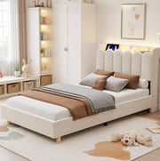 Letto singolo imbottito ULEVR 90x200 cm con rete a doghe, USB e Type-C, luce notturna, beige