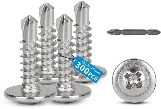 Viti autoalimentanti 300 pezzi - M4,2 x 16 mm - Testa piatta - Acciaio inossidabile - Viti a bolgia - Per legno/plastica
