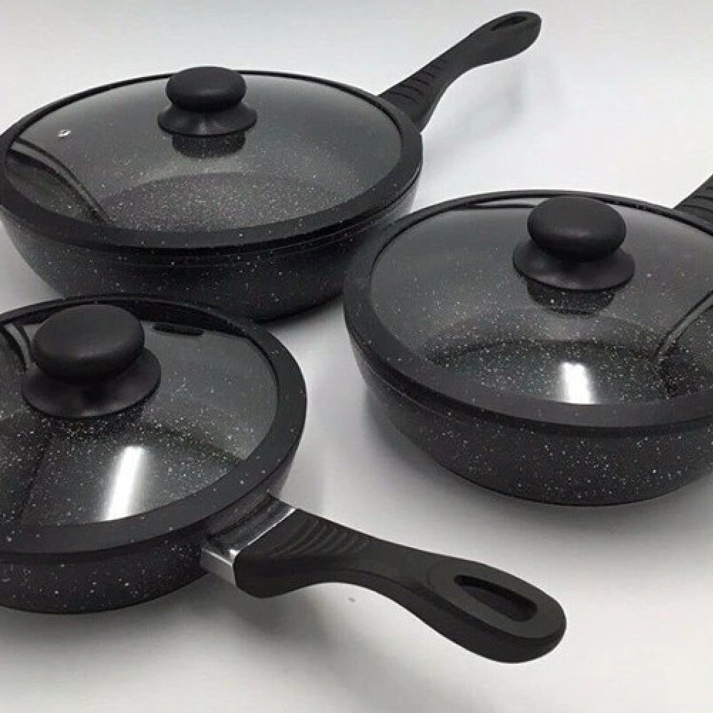 Set Padelle Induzione Pietra Antiaderenti 24/28/32 cm con Coperchi e 5mestoli Nero