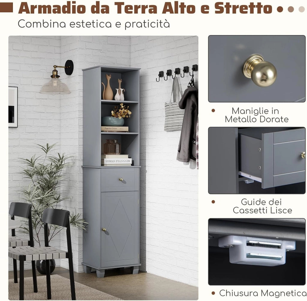 Mobile Bagno Alto 172 cm, Mobiletto Stretto da Pavimento con 3 Ripiani Aperti, 1 Cassetto, 1 Anta e Ripiano Regolabile, Armadietto Salvaspazio Indipendente per Cucina e Soggiorno (Grigio)