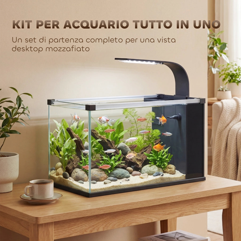 Acquario, 24L in Vetro Temperato con Filtro, Luce LED e Pompa dell'Acqua