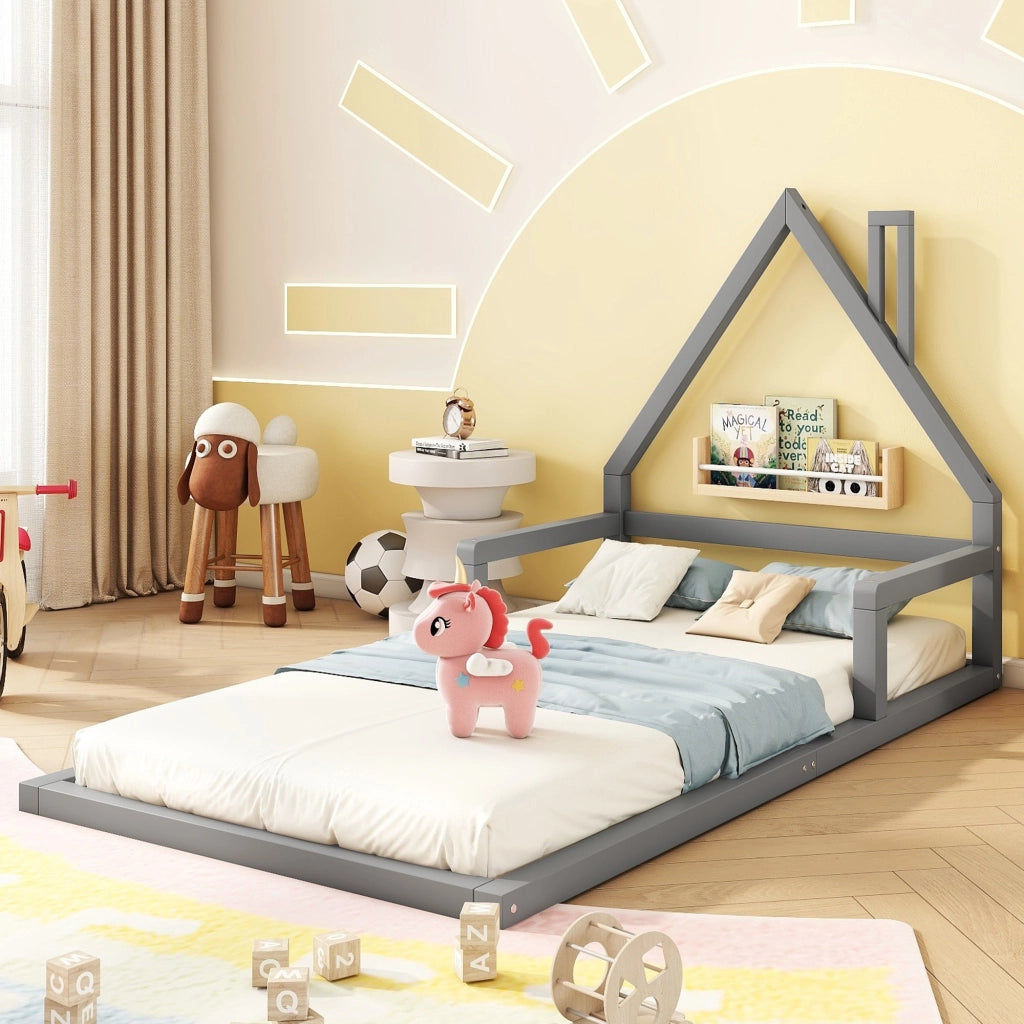 Letto bambini casa grigio in legno di pino massello 90x200 cm