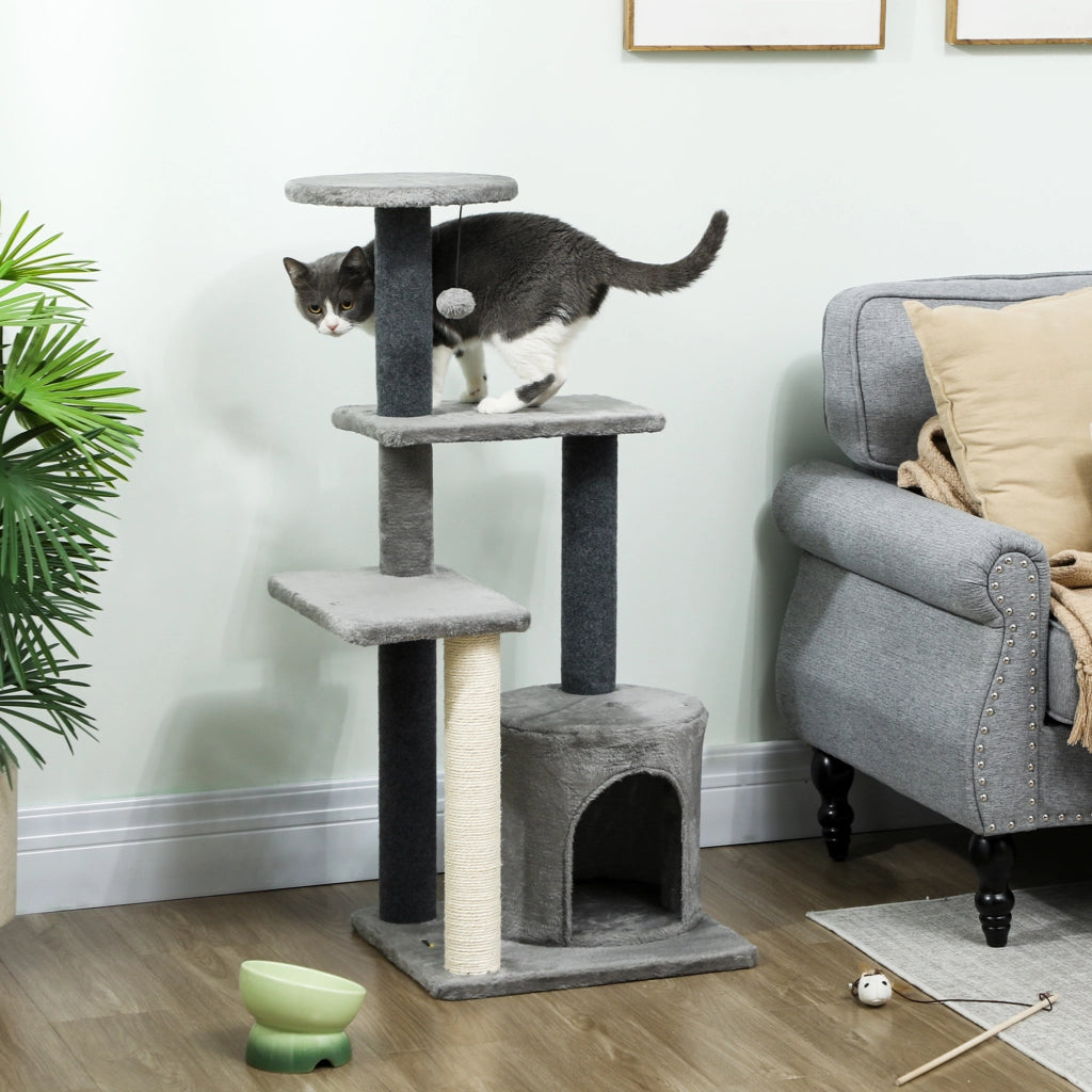 Albero per Gatti Multilivello 103 cm con Cuccia e Tiragraffi in Sisal Grigio