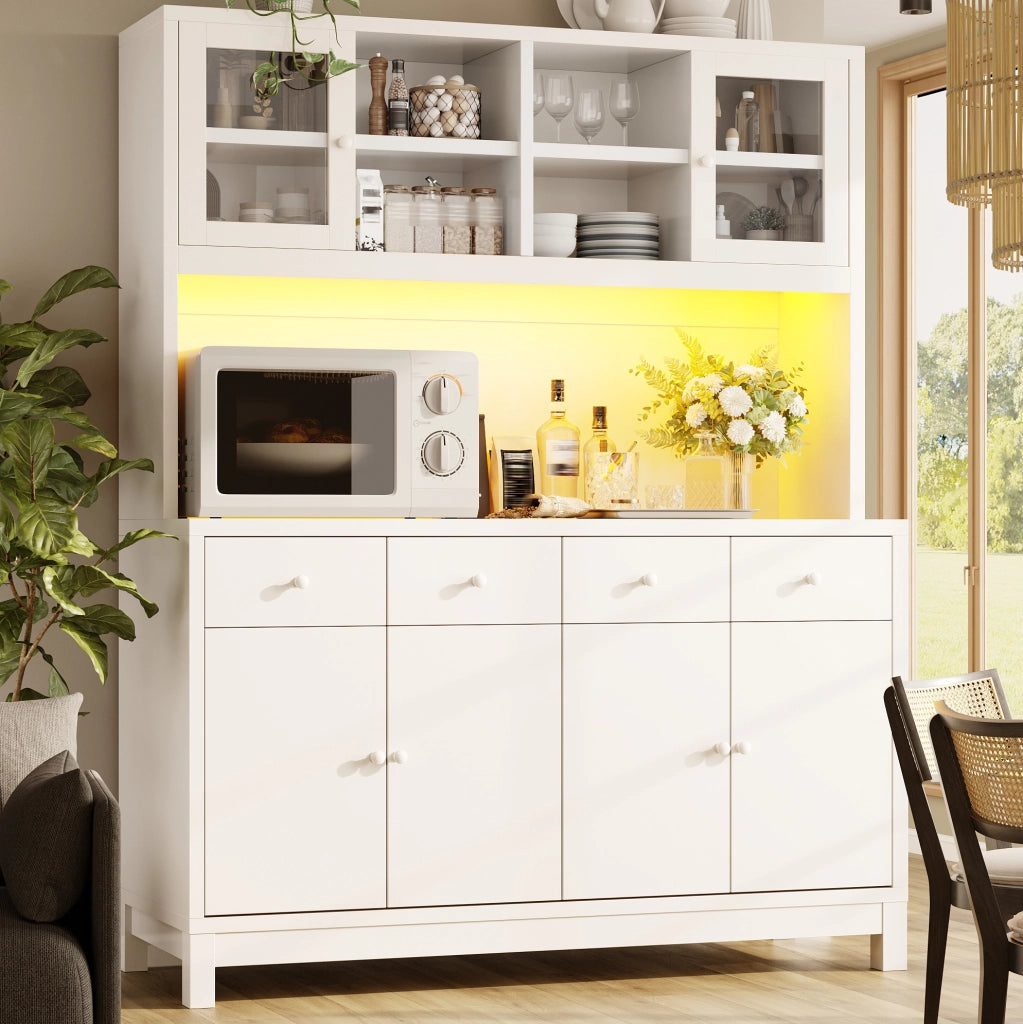Credenza alta bianca con LED RGB, ante in vetro e 4 cassetti