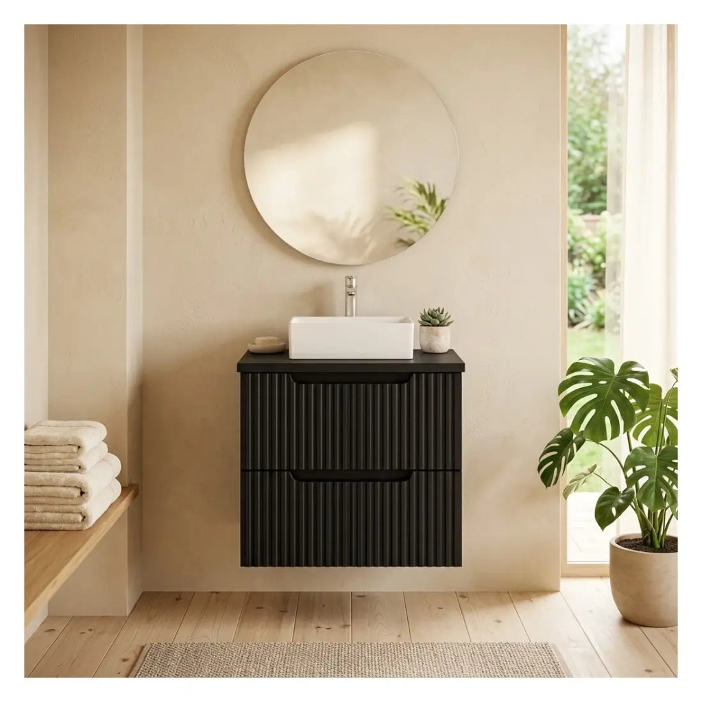 Set da bagno sospeso VANO 50cm: mobile sottolavabo con cassetti scanalati nero + piano per lavabo in nero opaco