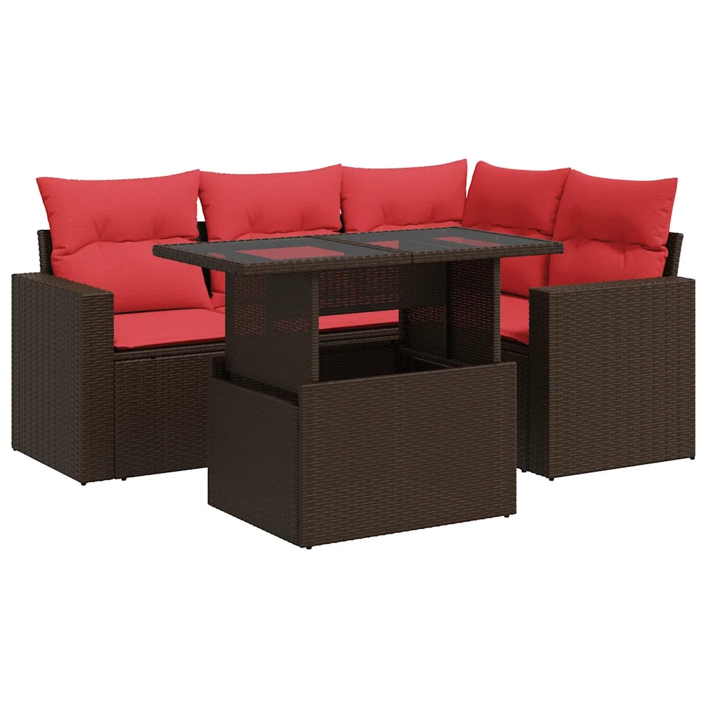 Set Divano da Giardino 5 pz Cuscini Marrone Polyrattan e Acacia 3326315
