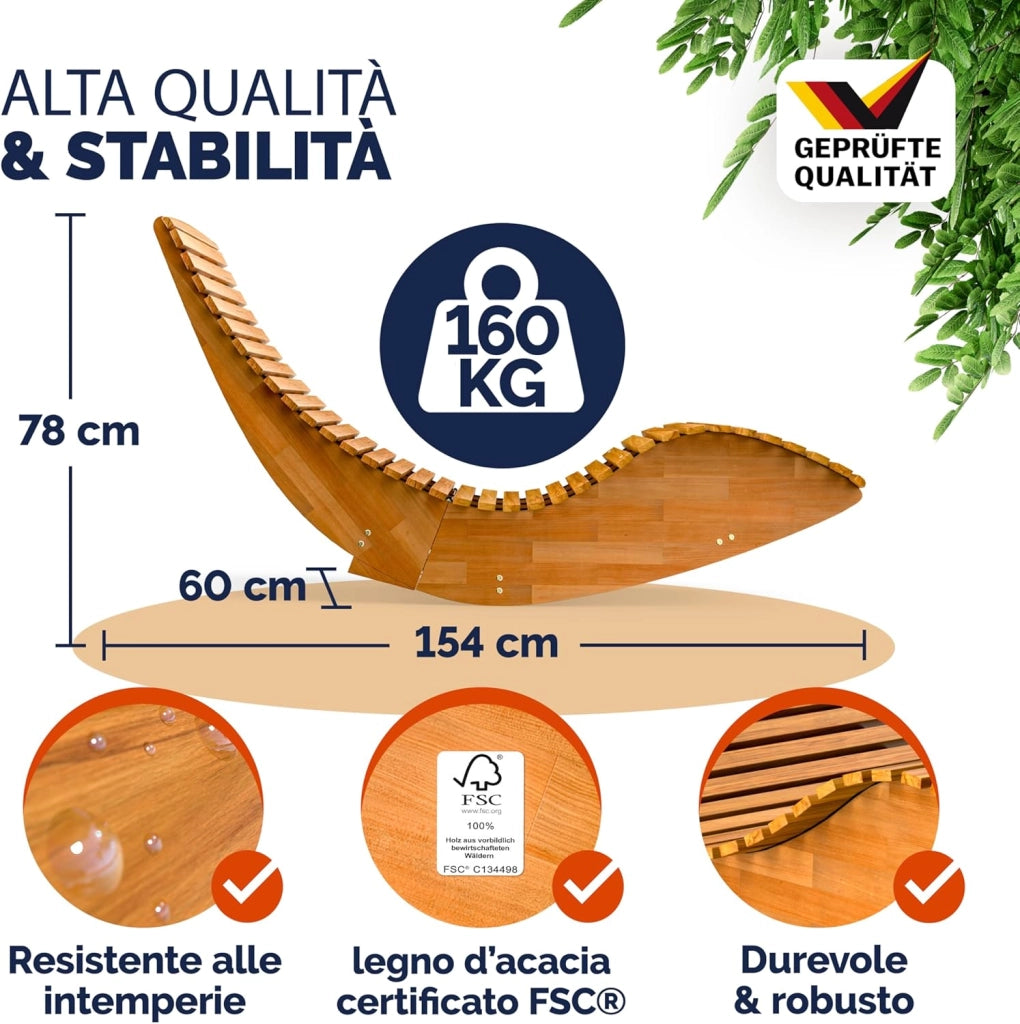 ® 2x Sdraio a Dondolo JAVA Pieghevole 155x60x93cm Portata 160 kg Legno Acacia Certificato FSC® Lettino Sauna