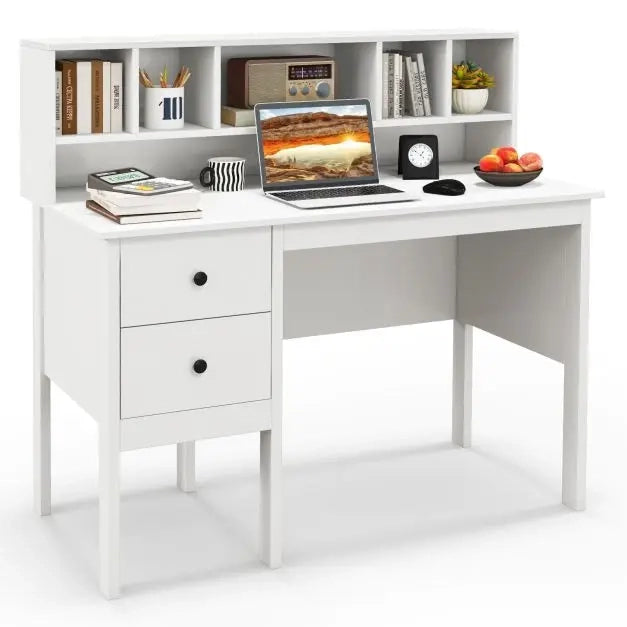 Scrivania Porta PC 120 cm con Libreria a 5 Scomparti e 2 Cassetti Bianco per Casa e Ufficio