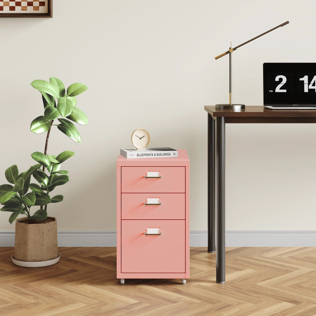 Cassettiera Kökar in Acciaio Mobile Archivio con 3 Cassetti e Rotelle - Rosa [en.casa]