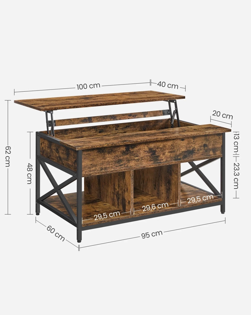 Tavolino da caffè/tavolo da soggiorno con piano sollevabile vano portaoggetti aperto e scomparto nascosto barre a X 60 x 100 x 62 cm marrone 12_0007471