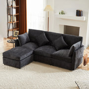 Divano modulare angolare 3-4 posti in chenille grigio con pouf mobile; 216 x 161 x 81 cm