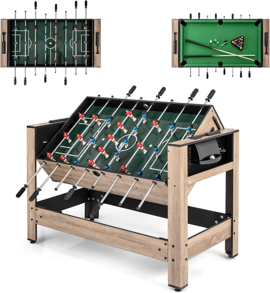 2 in 1 Calcio Balilla, Tavolo da Biliardo con 2 Palline, Stecche Triangolo Spazzola e Gessetti, Tavolo Multigioco per Casa Sala Giochi e Feste