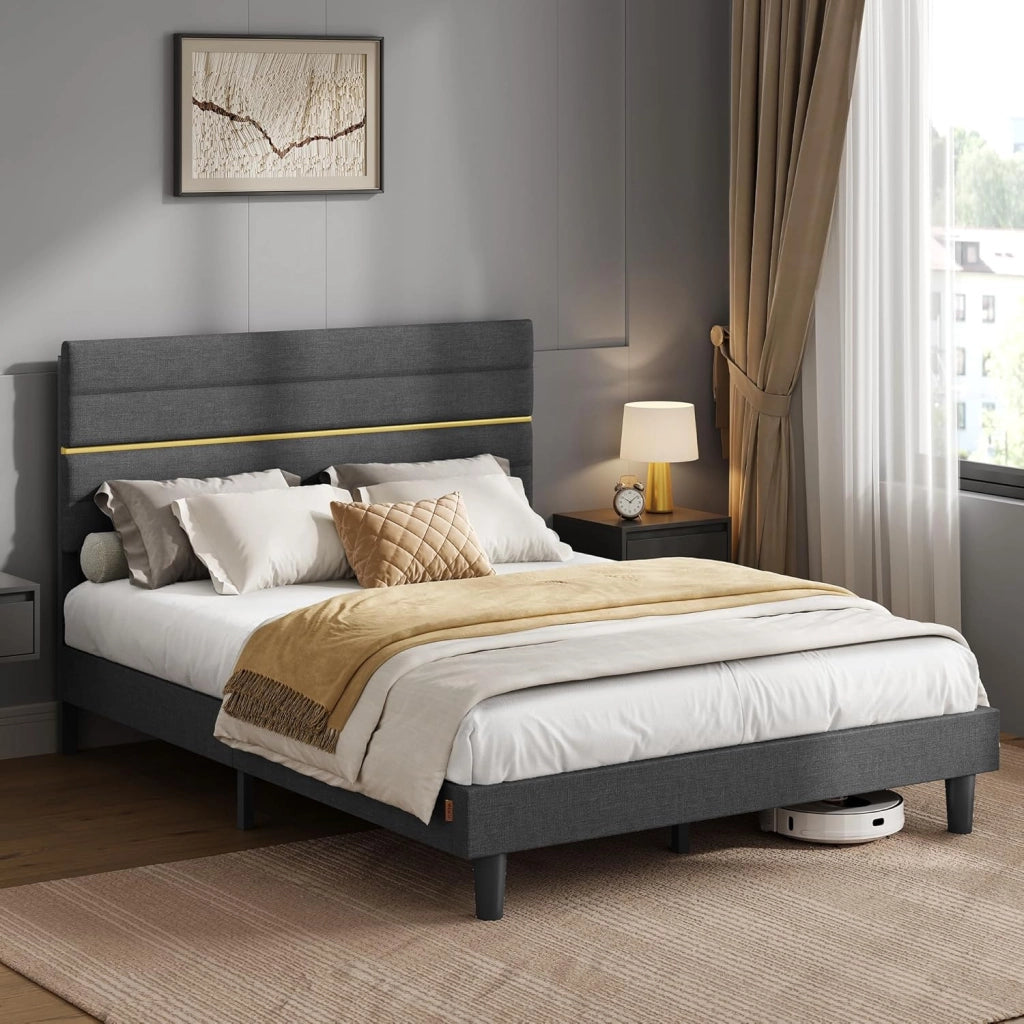 VASAGLE Struttura Letto Matrimoniale, Telaio Letto, per Materasso 140 x 200 cm, Testiera Imbottita Regolabile, Metallo e Legno, Moderno, Beige Cappuccino RMB504LH01
