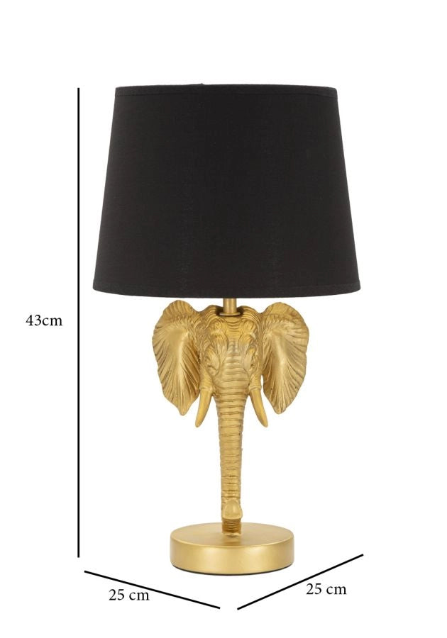 Lampada da tavolo con testa di elefante dorata, paralume nero diam 25x43 cm