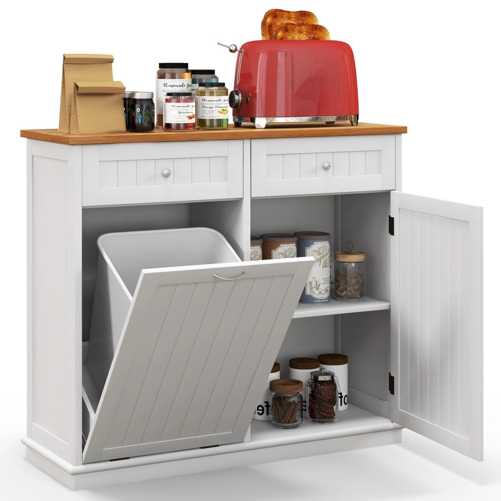 Armadio per Rifiuti da Cucina con Apertura a Ribalta, Mobile per Biancheria Autonomo con Piano in Legno di Gomma, Supporto per Cestino Nascosto, Ripiano Regolabile (Grigio)