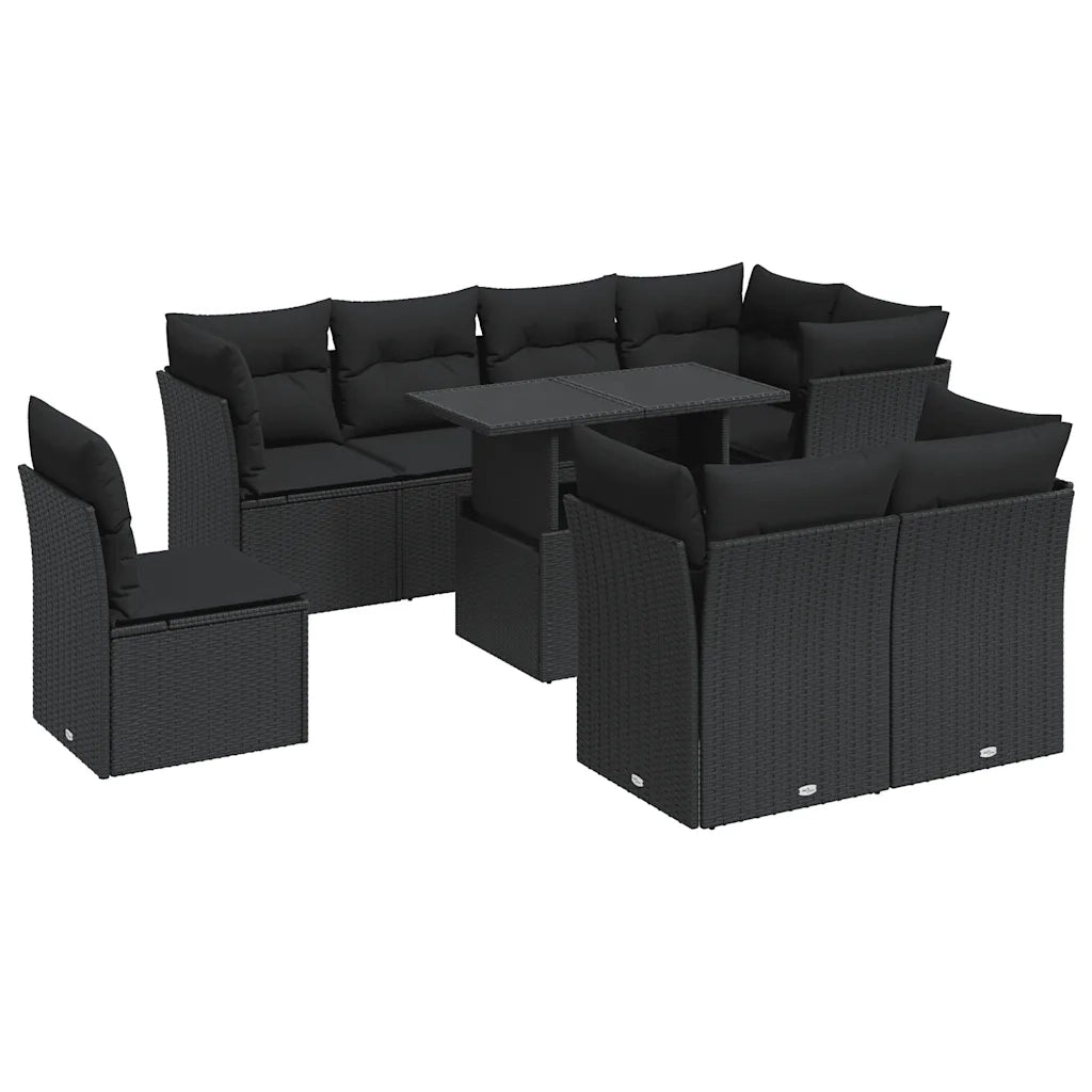 Set Divani da Giardino 9 pz con Cuscini Nero in Polyrattan 3326176