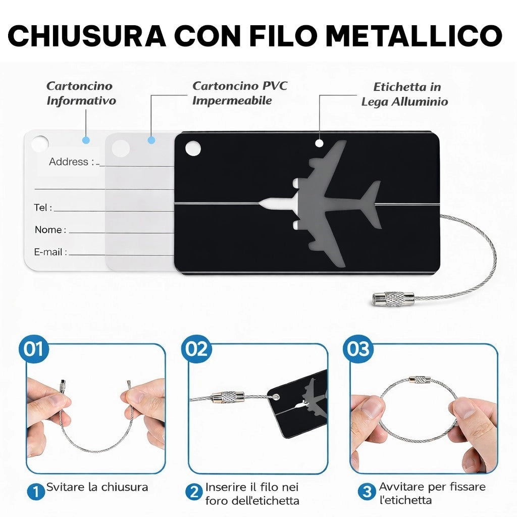 6 Etichette Colorate Valigia Alluminio con Cavo Acciaio e Scheda PVC Impermeabile 90159