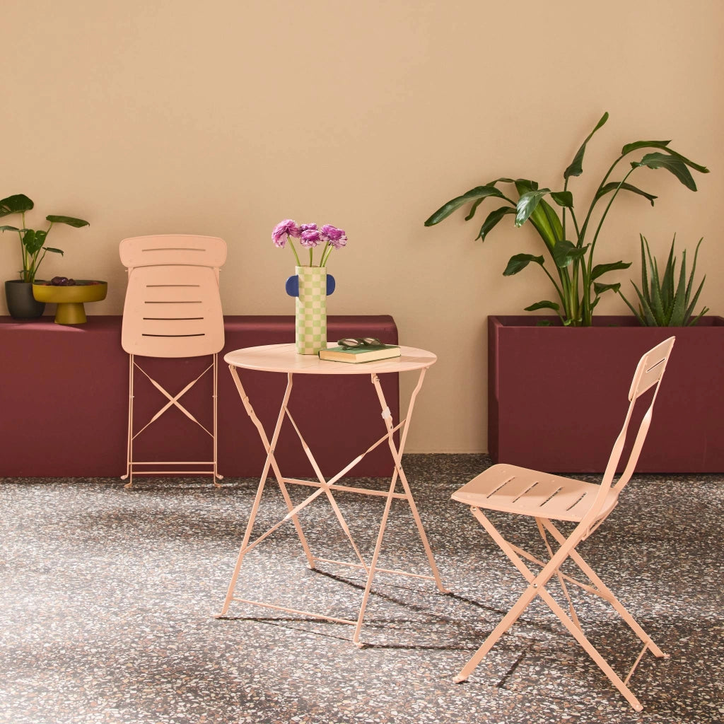 Set tavolo da giardino bistrot pieghevole rotondo in acciaio, 2 sedie,