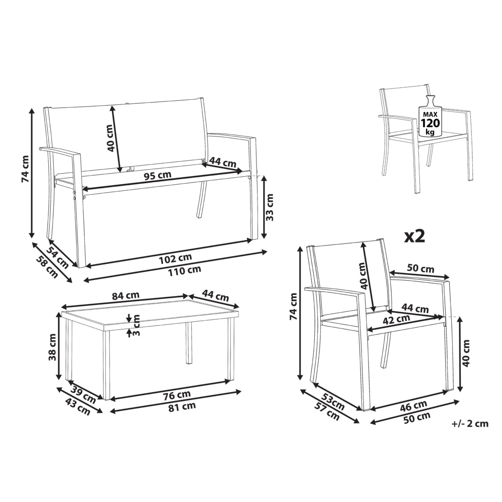 Set da giardino grigio Set da salotto in acciaio 4 posti con tavolo Stile industriale moderno Giardino Patio Balcone