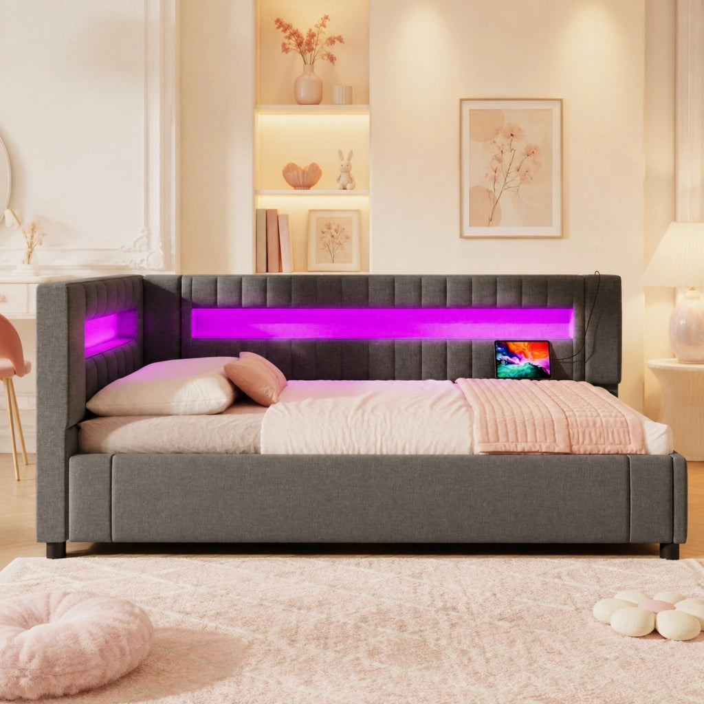Daybed 90x200 cm grigio con LED, USB-C e vano contenitore
