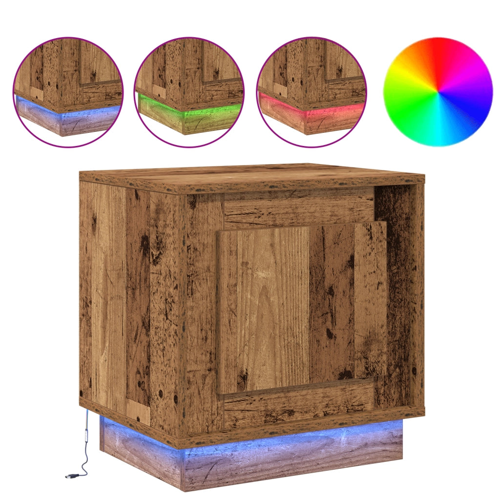 Comodino con luci LED in legno vecchio 44x34,5x45 cm