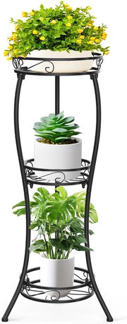 Stand per piante a 3 livelli, metallo, stand per fiori, 88 cm alto, rete per fiori, rete per piante, rampa per fiori in acciaio inox, stand per piante, per angolo, veranda, giardino, balcone, soggiorno (nero)