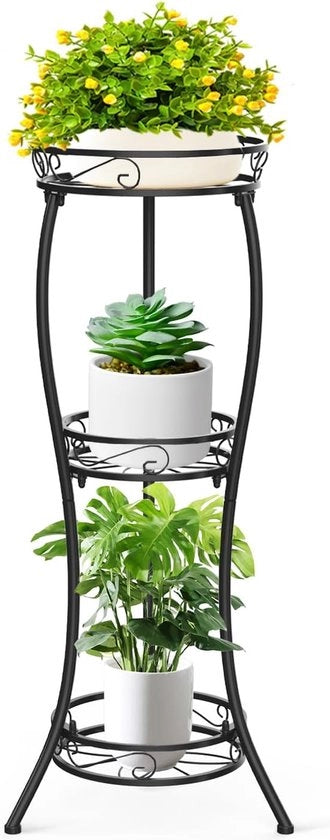 Stand per piante a 3 livelli, metallo, stand per fiori, 88 cm alto, rete per fiori, rete per piante, rampa per fiori in acciaio inox, stand per piante, per angolo, veranda, giardino, balcone, soggiorno (nero)