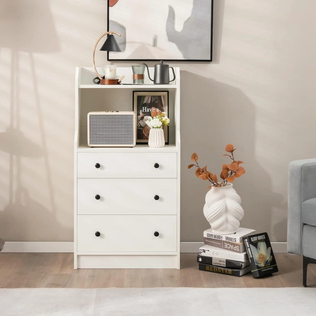 Cassettiera Moderna con 2 Ripiani Aperti e 3 Cassetti Estraibili, Comodino Alto con Dispositivo Anti-ribaltamento per Camera da Letto Soggiorno Ingresso, 58 x 36 x 111 cm, Bianco/Nero/Noce