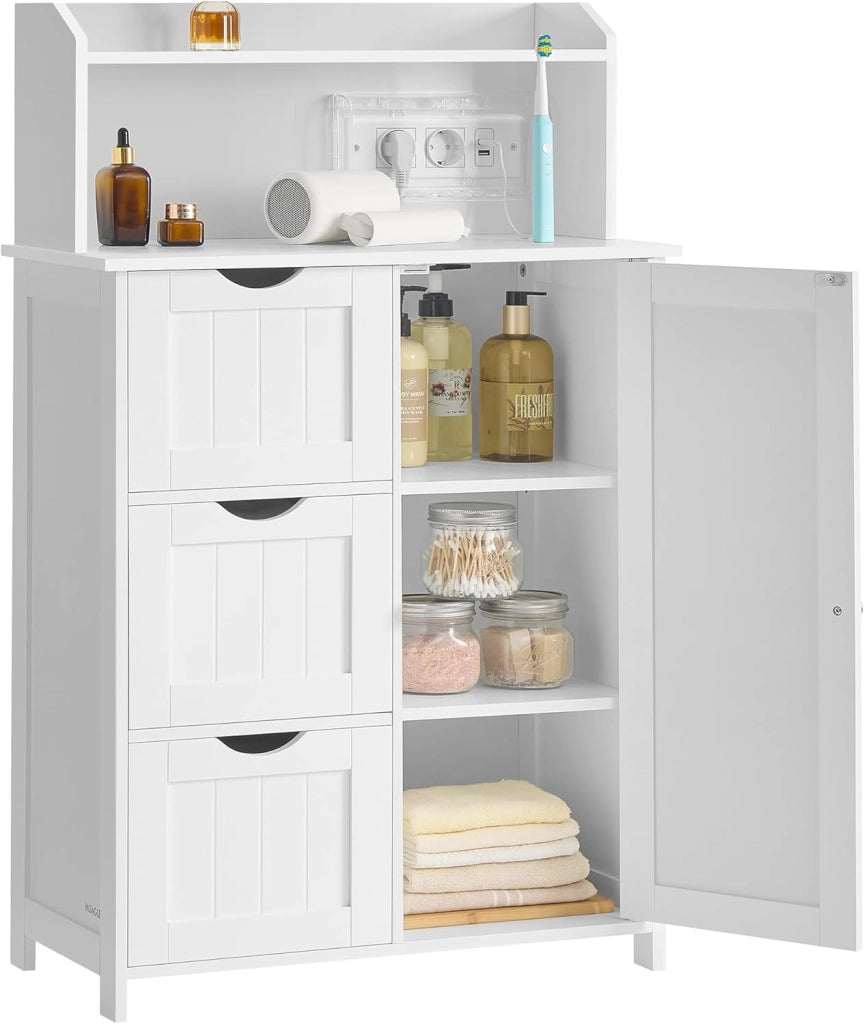 VASAGLE 100 cm di Altezza Mobile Bagno, Mobiletto Bagno con Multipresa, 3 Cassetti, 1 Anta, 2 Ripiani Regolabili, Armadietto per Sala da Pranzo, Cucina, Soggiorno, Bianco Nuvola BBC775W03