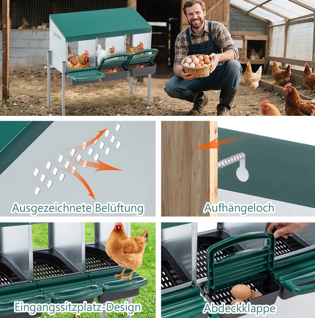 Nido per galline in metallo con 3 scomparti, verde