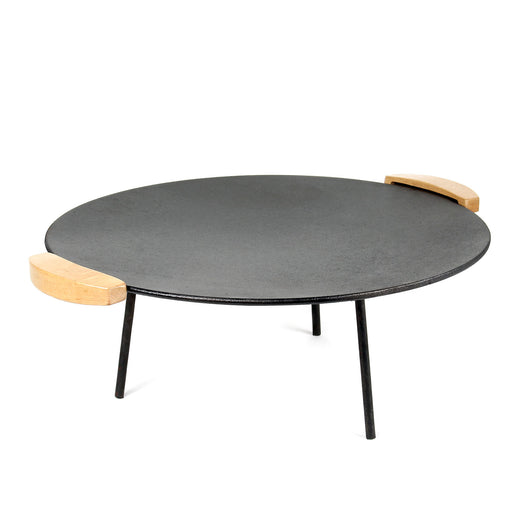 Piastra per barbecue fuoco in ghisa, liscia, rotonda Ø44cm altezza 44 cm manici in legno piedi 20 e 32cm