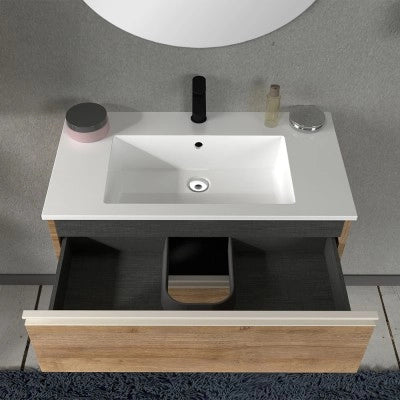 Mobile bagno sospeso 80 cm rovere miele con lavabo e specchio tondo Master