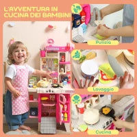 Cucina Giocattolo per Bambini 3-6 Anni con 104 Accessori, in PP, PE e ABS, 52.5x22x100 cm, Rosa