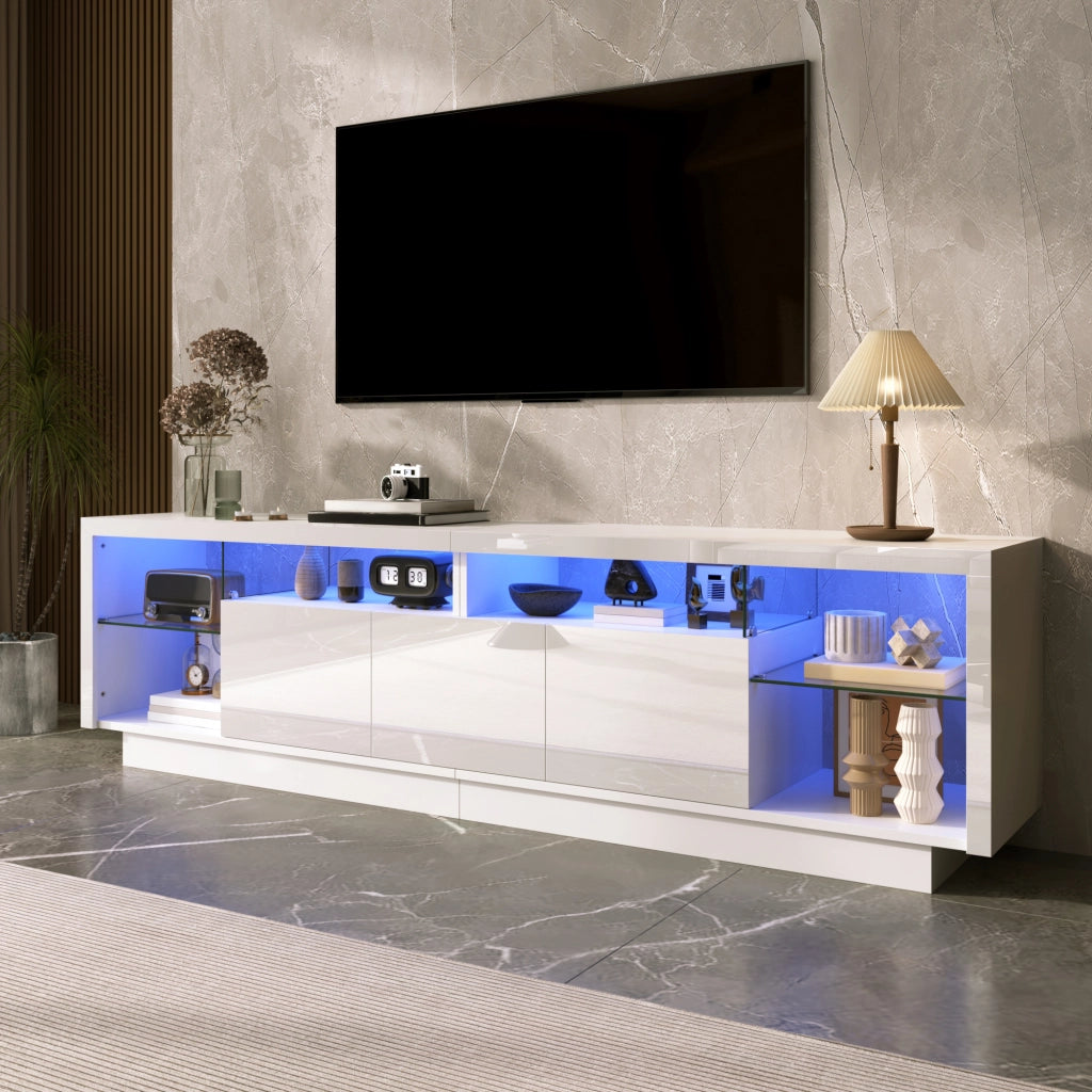 Mobile porta TV con 3 ante, vani aperti in vetro e LED, per soggiorno, in legno truciolare bianco, 200 × 38 × 55 cm