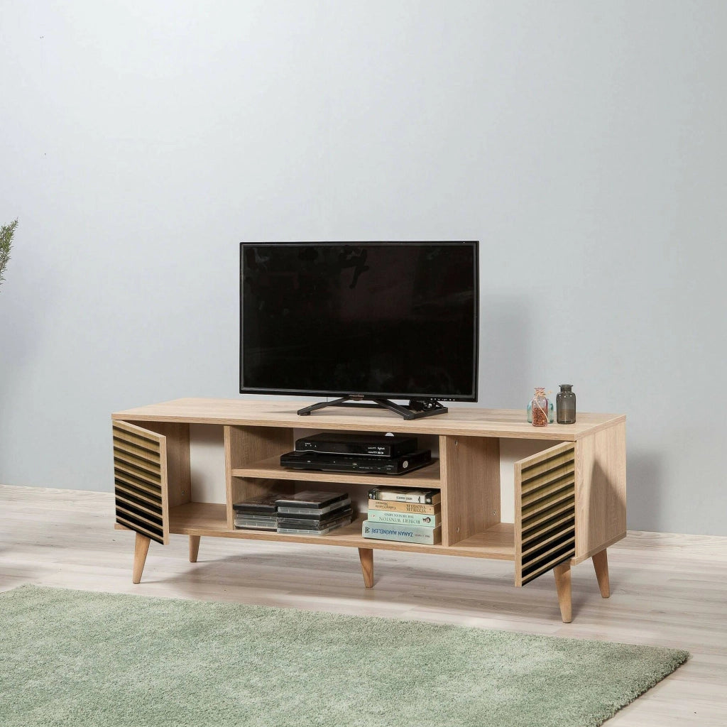 Mobile porta TV Enrica, Credenza da soggiorno, Armadio basso per TV, Base parete attrezzata, 140x40h50 cm, Quercia